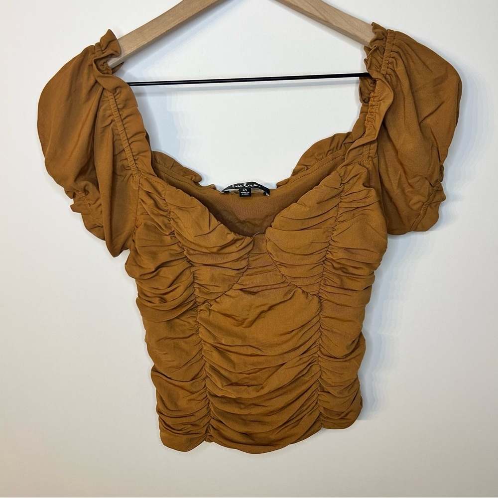 Lulus Upper Echelon Brown Ruched Short Sleeve Top, Size Medium - Picture 6 of 11